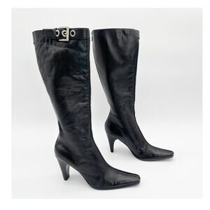 Vintage Prada Black Leather Square Toe Heeled Knee High Italian Boots 90s IT 36